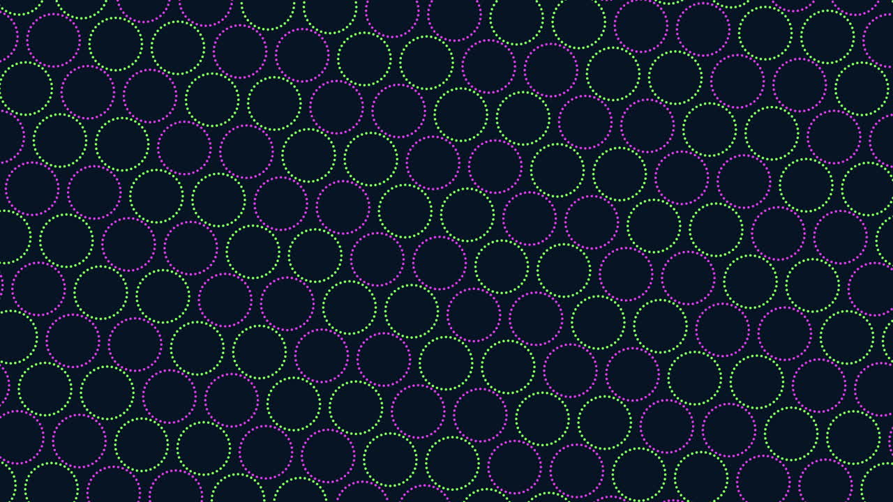 Seamless abstract footage of repeating dotted circle outlines in neon green and purple over a dark background, ideal for modern tech visuals, party themes, and motion design