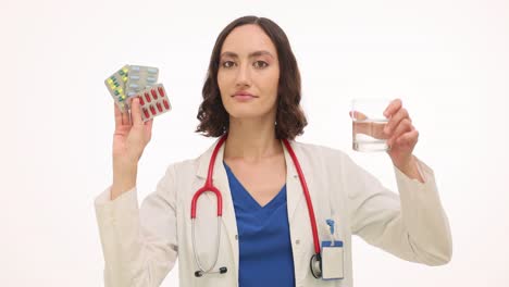 female doctor holding pills and a glass of water