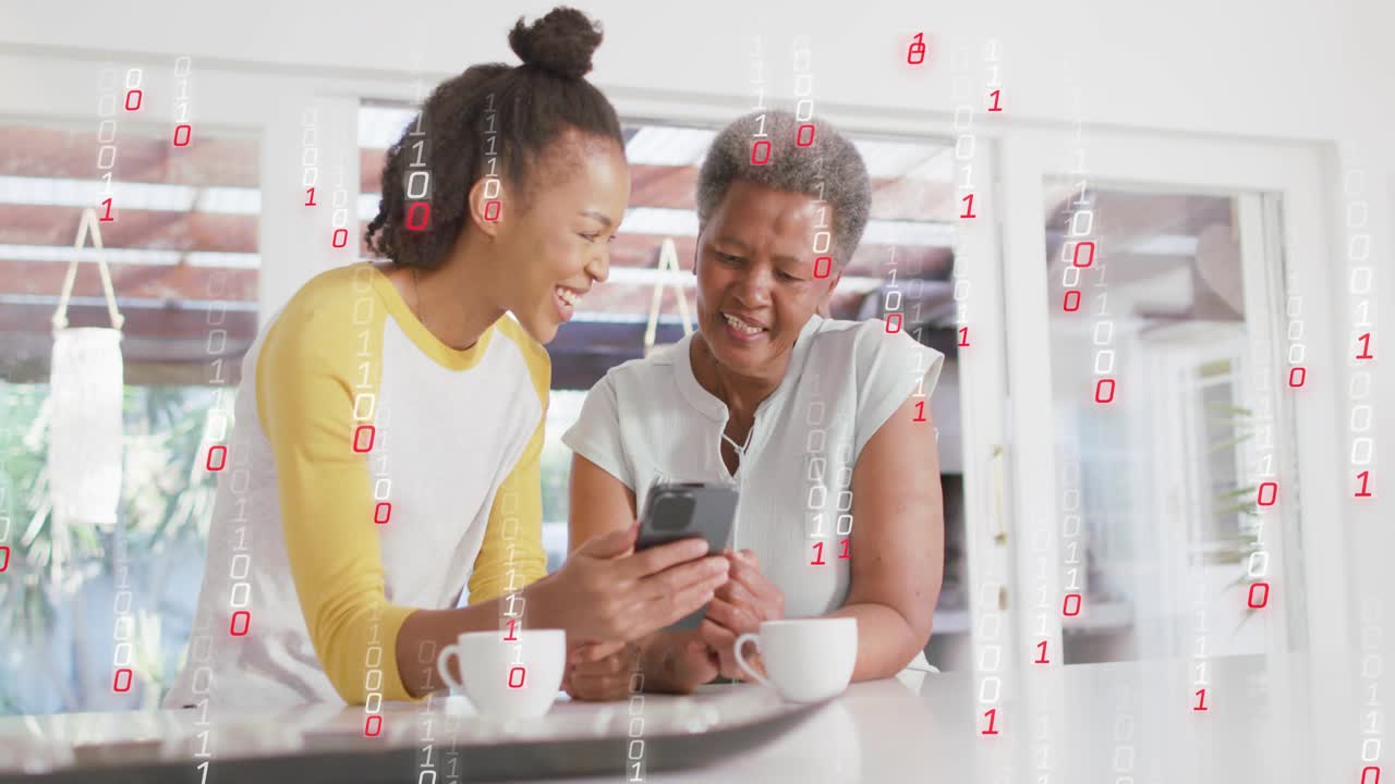 Adult daughter tilting phone toward mom, scrolling to share post, tech overlay drifting over phone