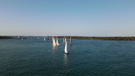 Einzigartige-Aussicht,-Die-Durch-Eine-Flotte-Von-Segelbooten-Fliegt,-Die-über-Das-Wasser-Rasen