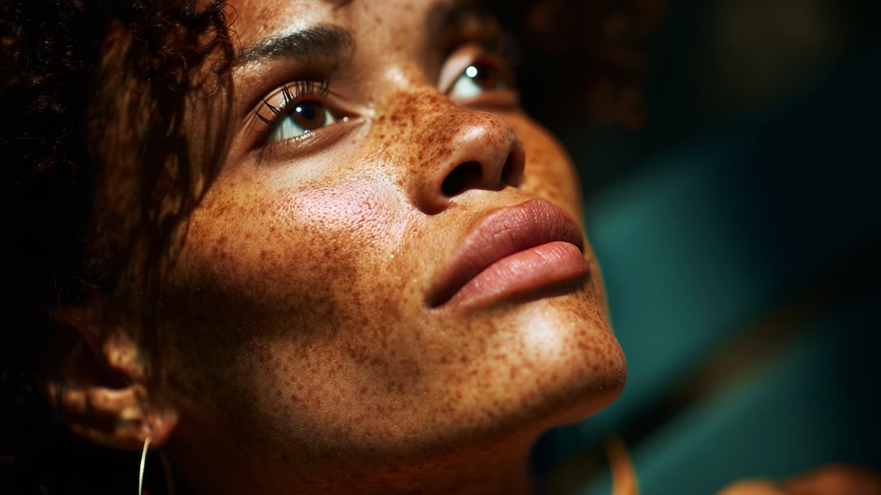 Exploring the Natural Beauty and Radiance of a Freckled Woman Glowing in Sunlight, Emphasizing Her Unique Features and the Play of Light Across Her Skin