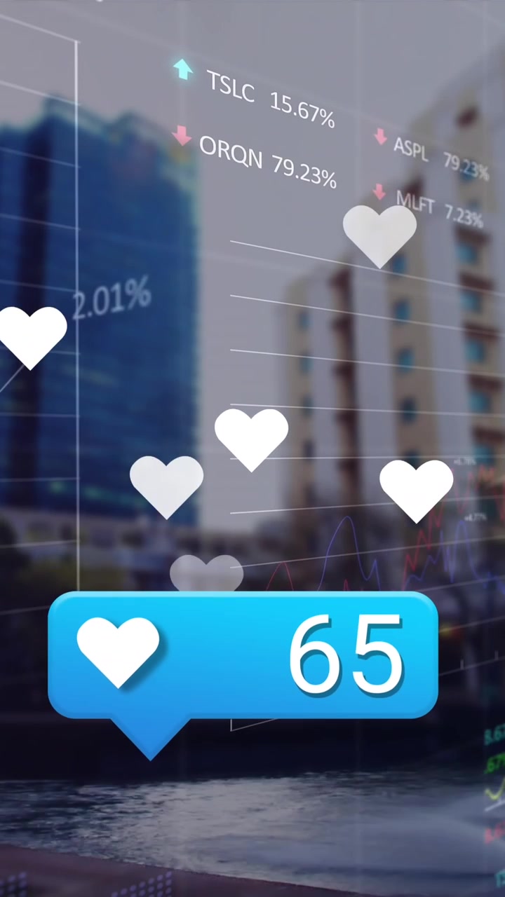 Animation af ikoner for sociale medier og aktiemarkedsdata, der behandles mod en baggrund af høje bygninger.