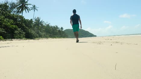 man walks on a beautiful tropical beach with dense rainforest on one side and beach on the other