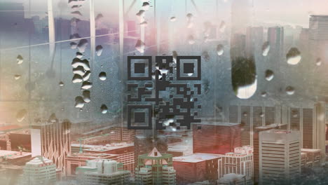 qr code scanner with neon elements against window with raindrops and cityscape