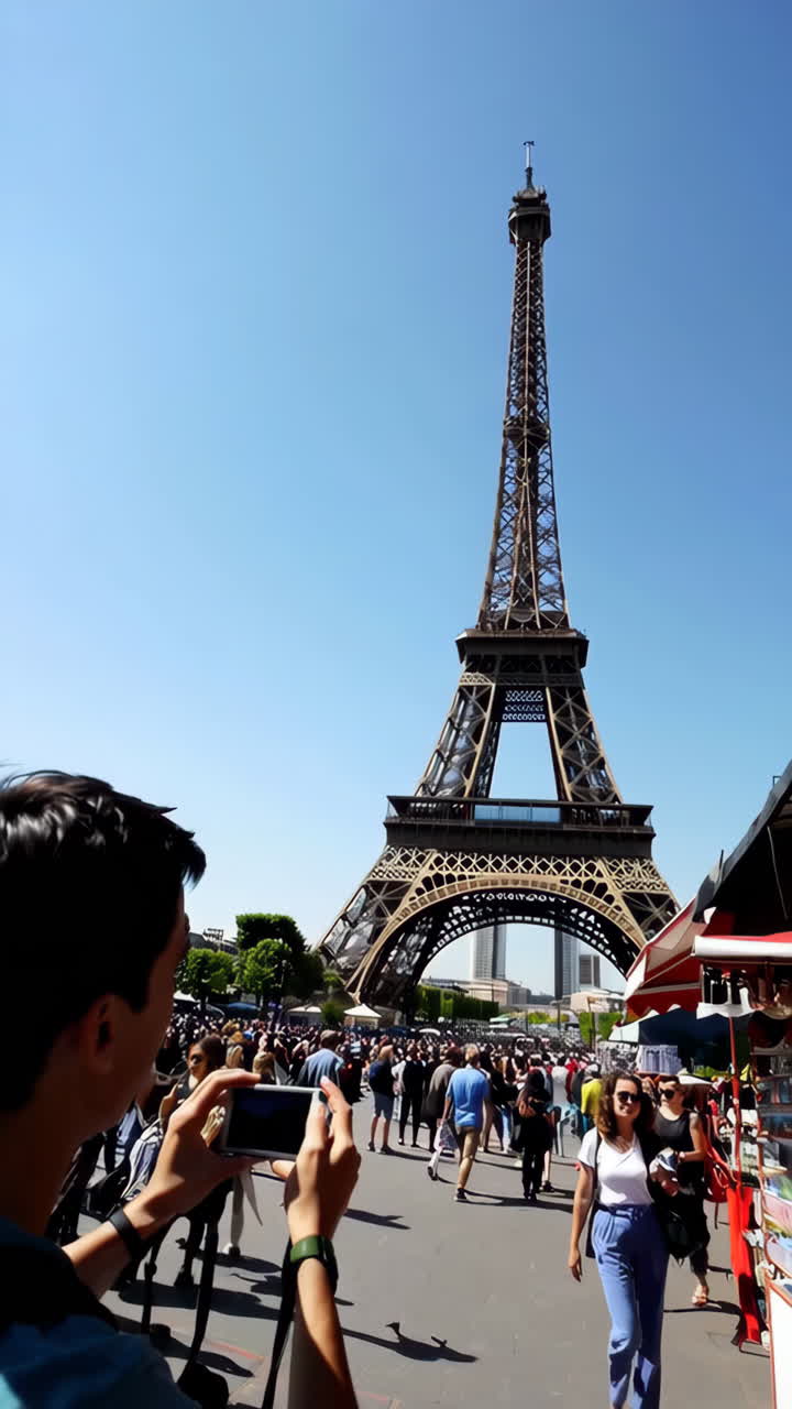 Una persona fotografa l'iconica Torre Eiffel e vivaci scene di strada a Parigi