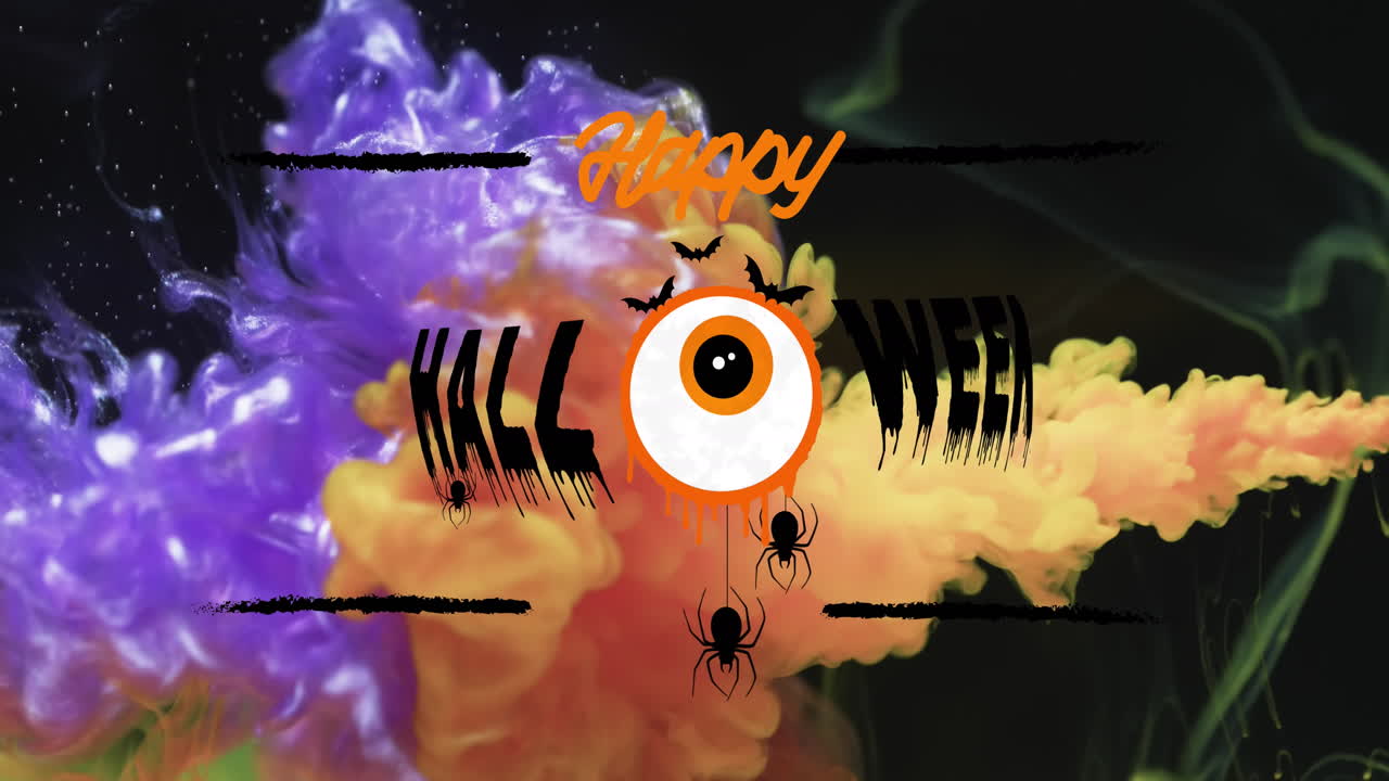 animación de texto feliz de halloween y arañas sobre fondo naranja y púrpura