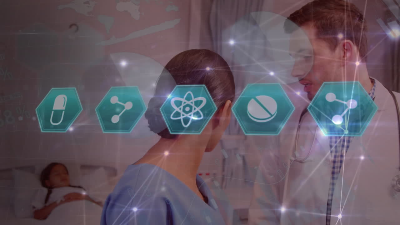 두 인종의 소녀 환자를 바라보는 다양한 남성과 여성 의사에 대한 의료 아이콘의 애니메이션