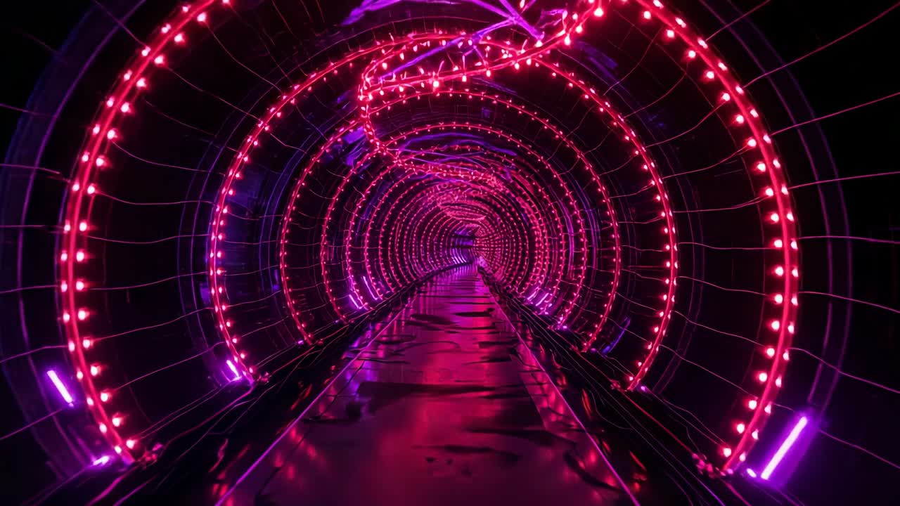 Camera entering entrance traveling through tunnel, capturing LED rings on walkway revealing depth