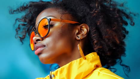 a woman with curly hair wearing a yellow jacket and sunglasses