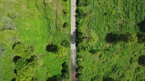 Vista-Aérea-De-Arriba-Hacia-Abajo-De-La-Carretera-Y-El-Paisaje-Verde-Circundante-En-Baju-Kidul,-Indonesia