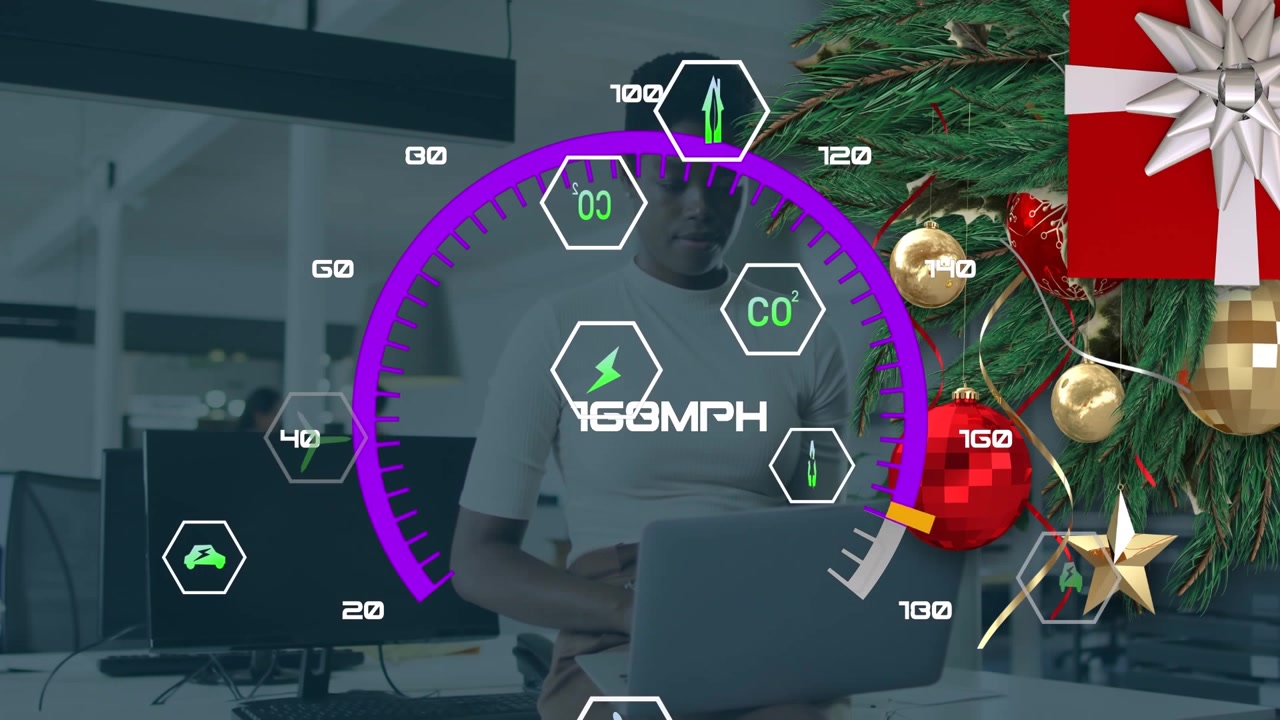 Animation of data processing and christmas decorations over business people in office