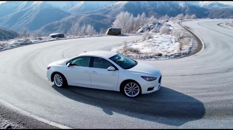 White Sedan Driving on Winding Mountain Road in Winter