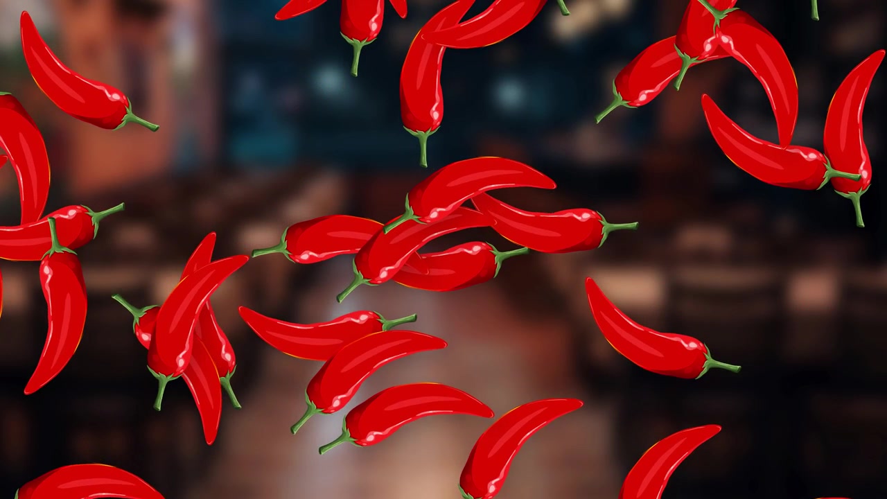 Red chili peppers fall continuously against a blurred restaurant interior with warm ambient lighting.