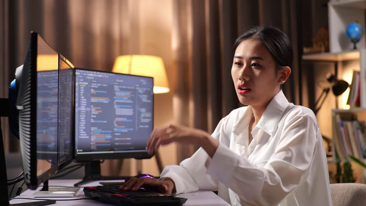Asian Woman Programmer Yawning While Creating Innovative Software Engineer Developing App, Program, Video Game On Desktop Computer At Home. Terminal With Coding Language