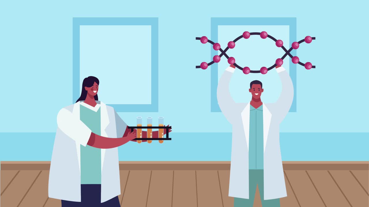 científicos afro con tubos de prueba y molécula de adn