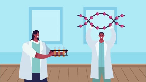 afro couple scientists with tubes test and dna molecule