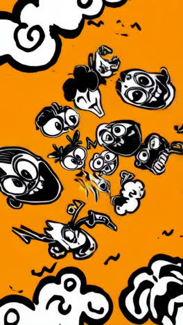 abstract doodle art with whimsical faces and orange background