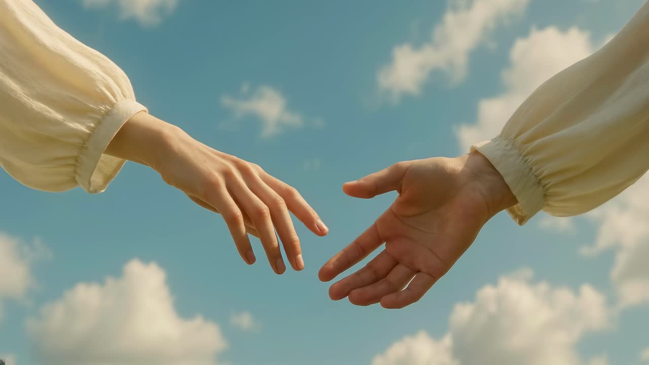 Eine Kinovideoaufnahme von zwei Händen, die sich vor einem blauen Himmel mit Wolken einander entgegenstrecken