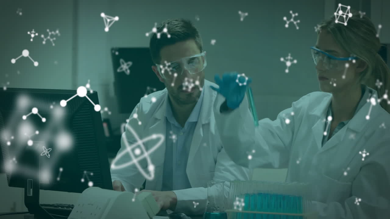animación de moléculas sobre diversos científicos que trabajan en el laboratorio