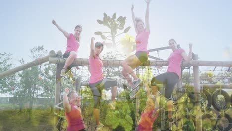 animation of plants over diverse women at obstacle course raising hands