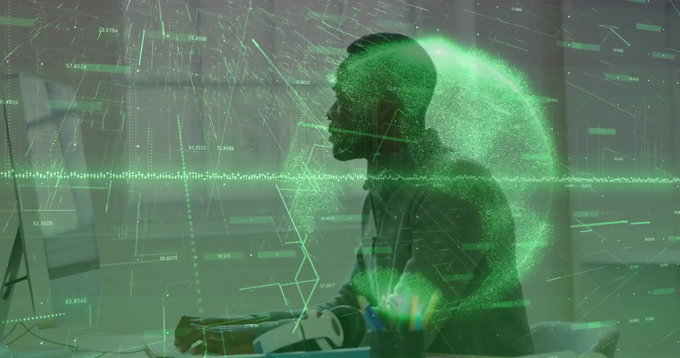 Man typing on desk and starting green data overlay forming hologram globe analyzing technology