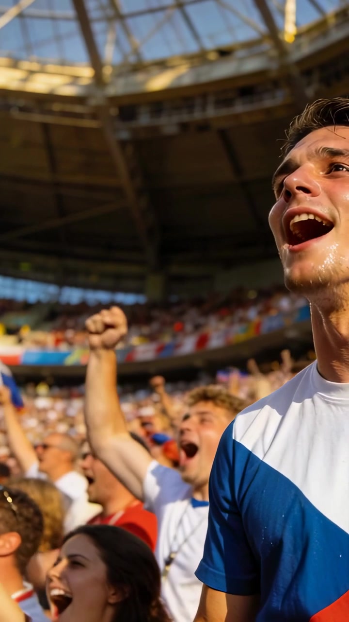 Video vertical: Aficionado con camiseta azul gritando reaccionando a la jugada, animando entre pancartas del estadio, espacio para texto