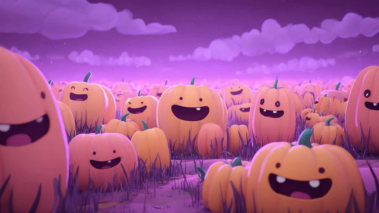 A Whimsical Harvest Scene of Cheerful Pumpkins Smiling Amidst Lush Green Grass Under a Beautiful Purple Sky, Capturing the Joy of Autumn and the Spirit of Festivity