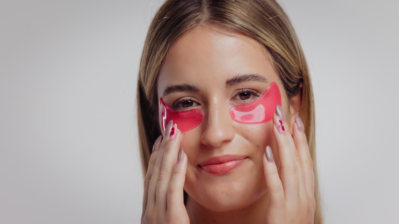 Woman with Eye Patches Applying Skincare