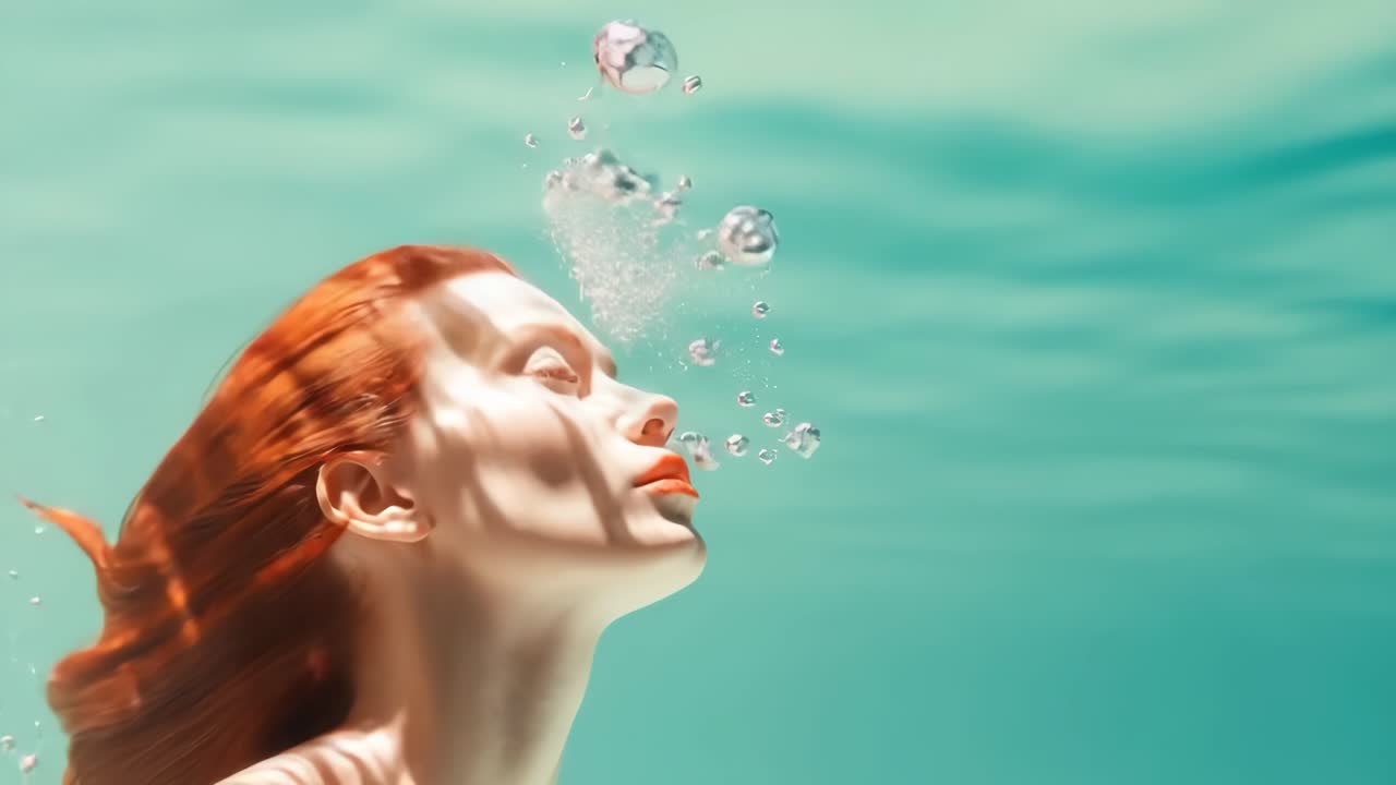 Concetto di video subacqueo con uno stile sereno e sognante. Un'angolazione laterale cattura una donna sommersa, luce