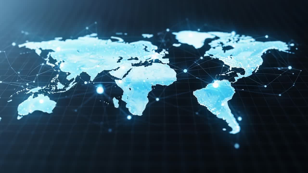 A Digital Representation of the World Map with Connected Nodes and Lines, Highlighting Geographic Dimensions and Modern Data Visualization Techniques