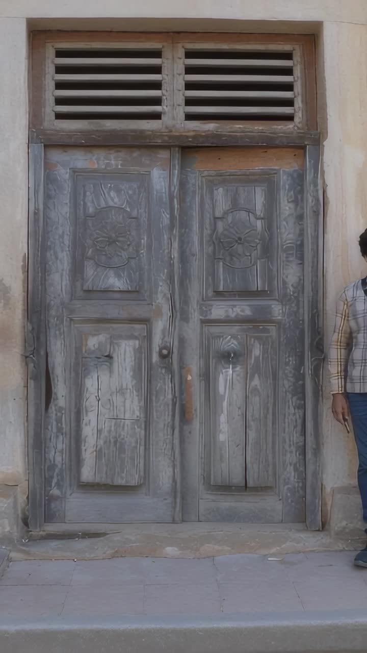 Dikey video: Kameranın kapıyı gösterecek şekilde geri çekilmesi, ekoseli giyinmiş bir adamın kapı eşiğinde duraksayarak adım atması