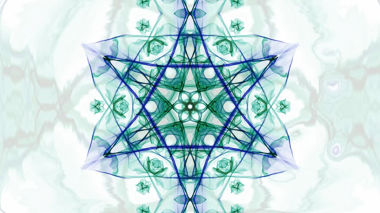 patrones de estrellas simétricas de acuarela verde y azul en movimiento de túnel divergente y convergente, fractal sobre fondo blanco