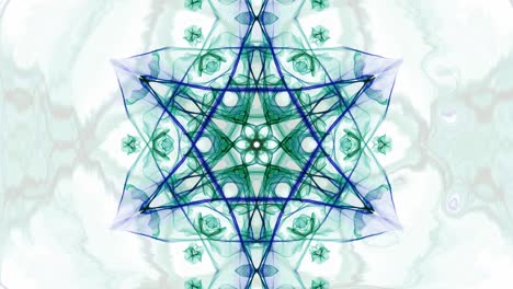 green and blue watercolor symmetric star patterns in divergent and convergent tunnel motion, fractal on white background