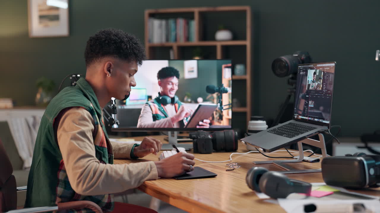 Man editing video at his desk