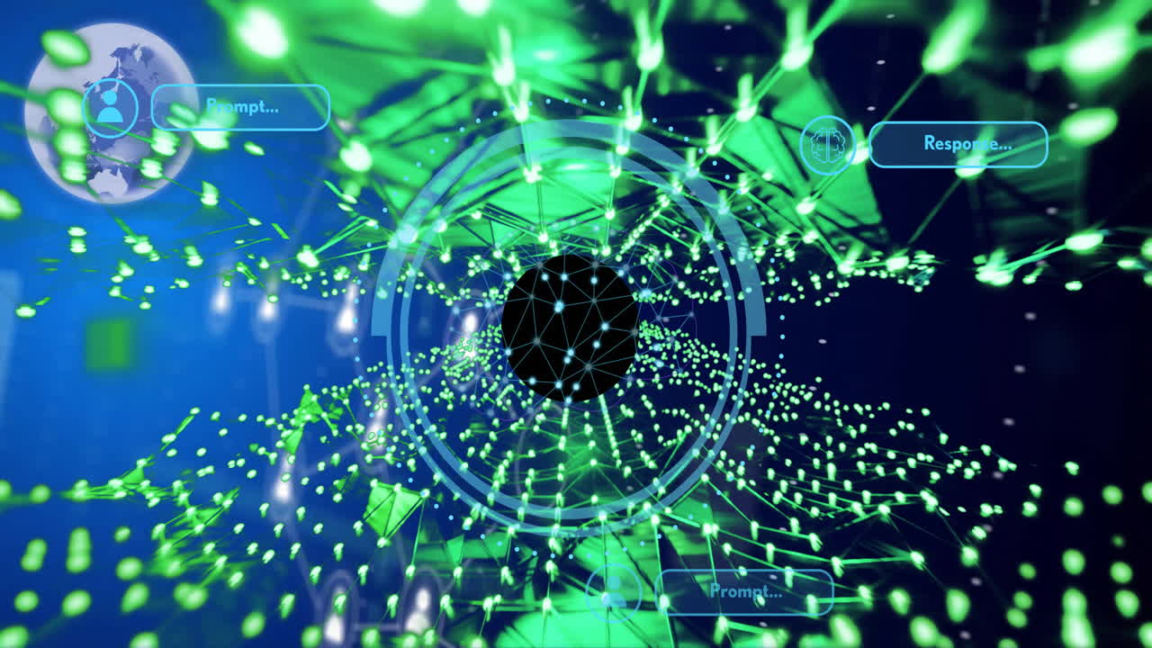 animación de procesamiento de datos digitales verde y azul con formas geométricas y conexiones de red