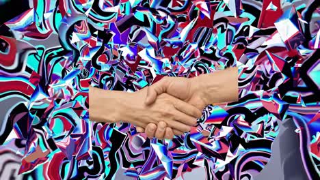 abstract handshake through a shattered wall