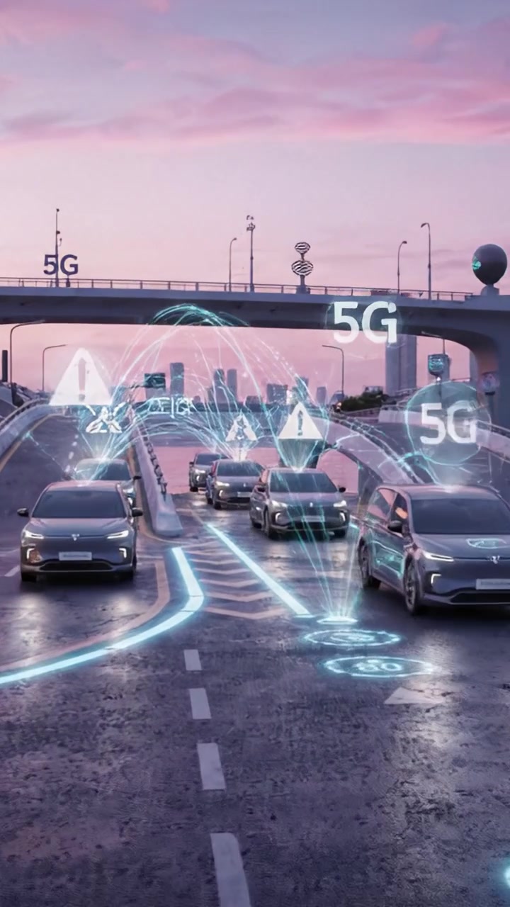 Scena di traffico urbano futuristico che mostra veicoli autonomi che comunicano tramite tecnologia 5G su un'autostrada moderna con uno sfondo mozzafiato al tramonto.