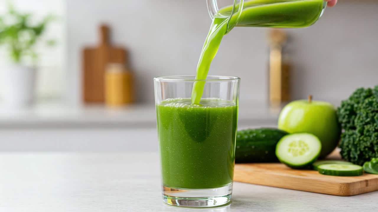 Preparazione di un rinfrescante succo verde: versare in un bicchiere una miscela salutare di ingredienti freschi, tra cui broccoli vivaci, cetrioli e croccanti mele verdi