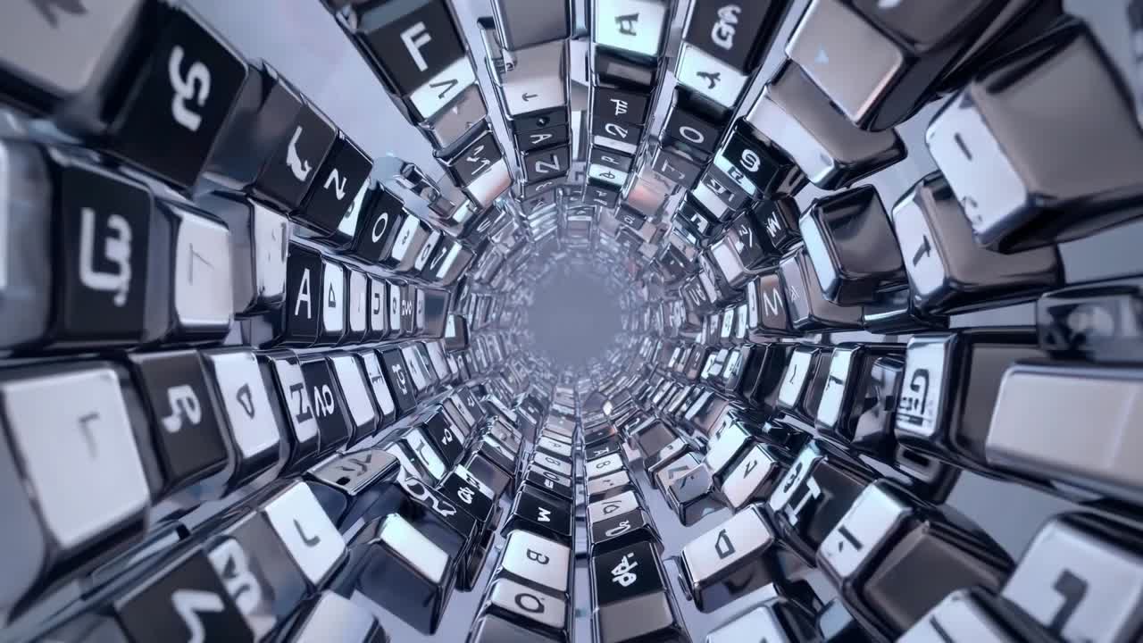 Abstract tunnel of metallic keyboard keys spiraling inward, showcasing a dynamic flow of technology and digital connectivity in a visually captivating sequence