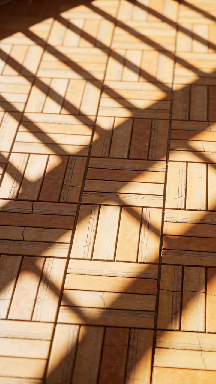 Vertical video: Moving light casting shadows across parquet floor in room showing round shadow