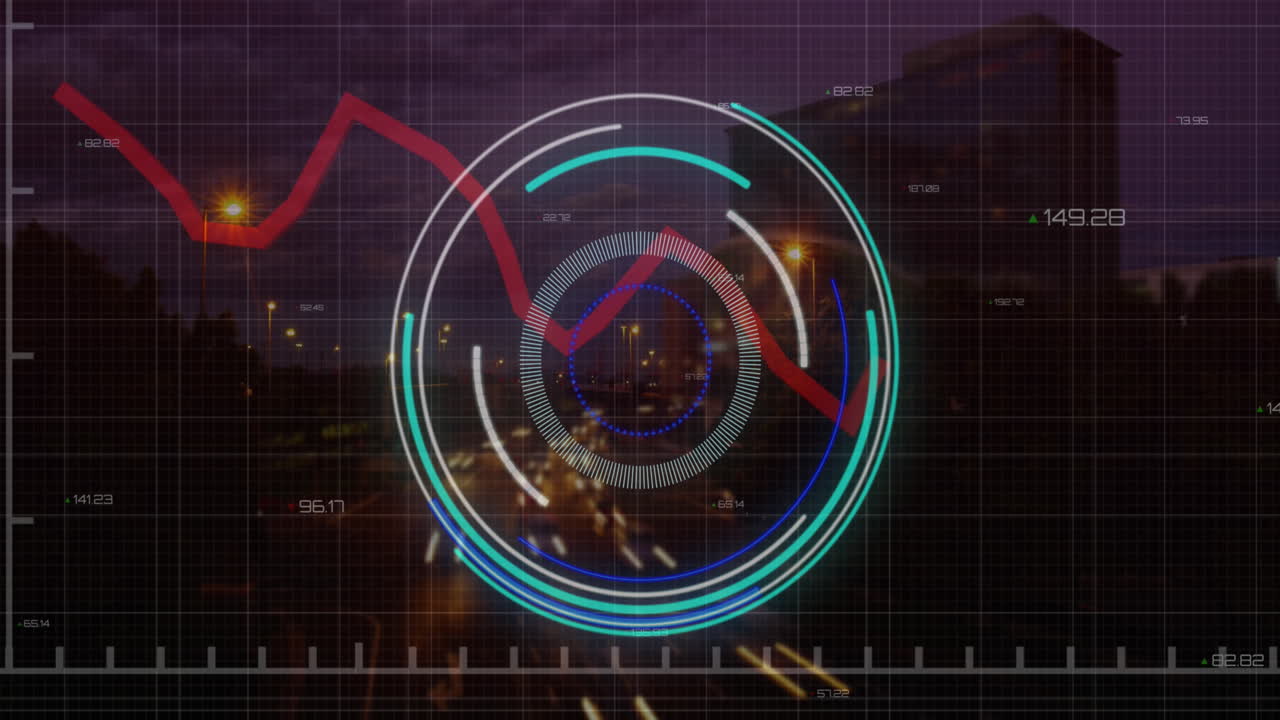 Animazione di uno scanner circolare e elaborazione di dati statistici su sfondo di una vista aerea del traffico cittadino notturno.