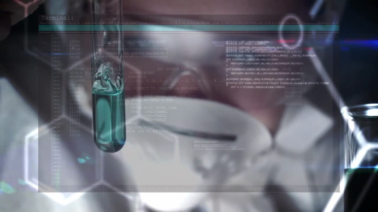 Female scientist lifting tube in tech lab monitoring bubbling reaction with molecular code overlay
