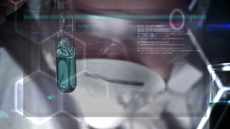 Female scientist lifting tube in tech lab monitoring bubbling reaction with molecular code overlay