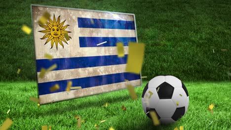 animation of confetti and flag of uruguay over football and stadium