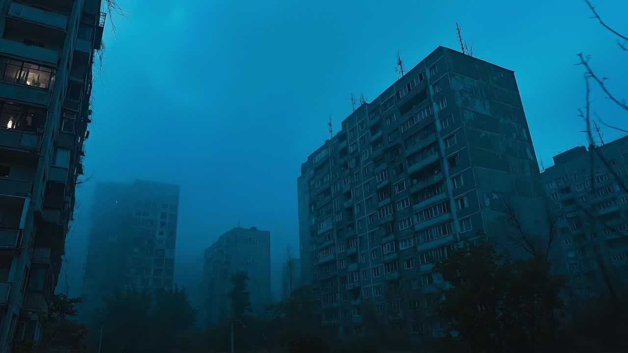 A foggy city with tall buildings in the background