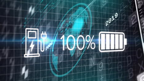 eco-friendly charging animation with 100% battery icon over digital grid background