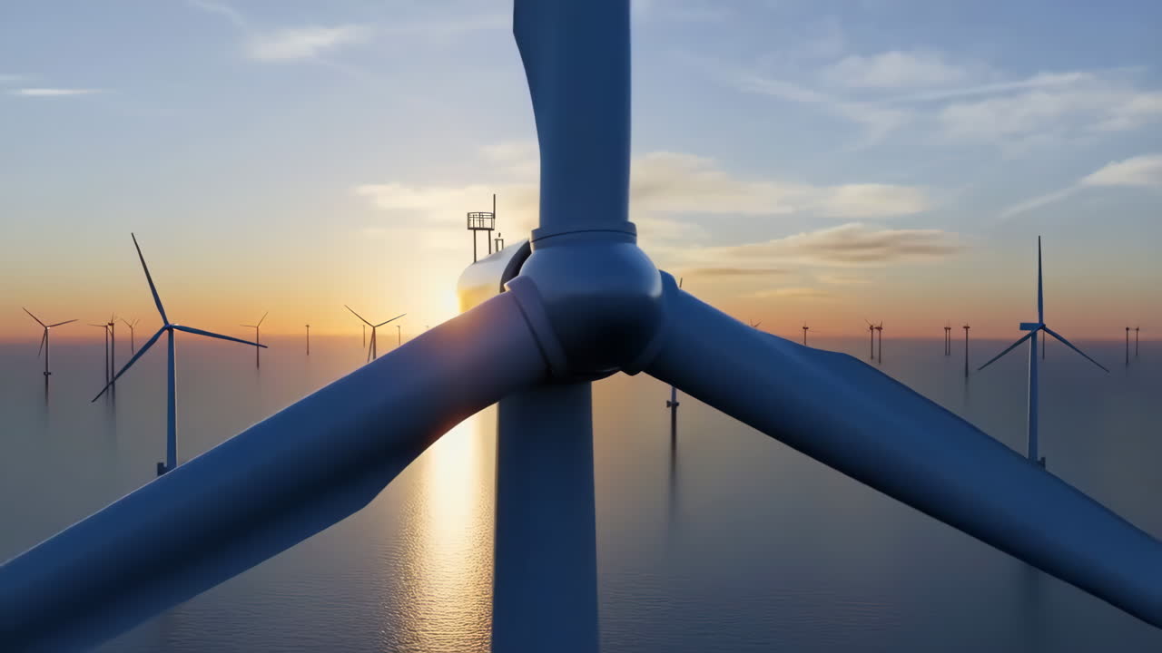 해가 지는 해상 풍력 발전소