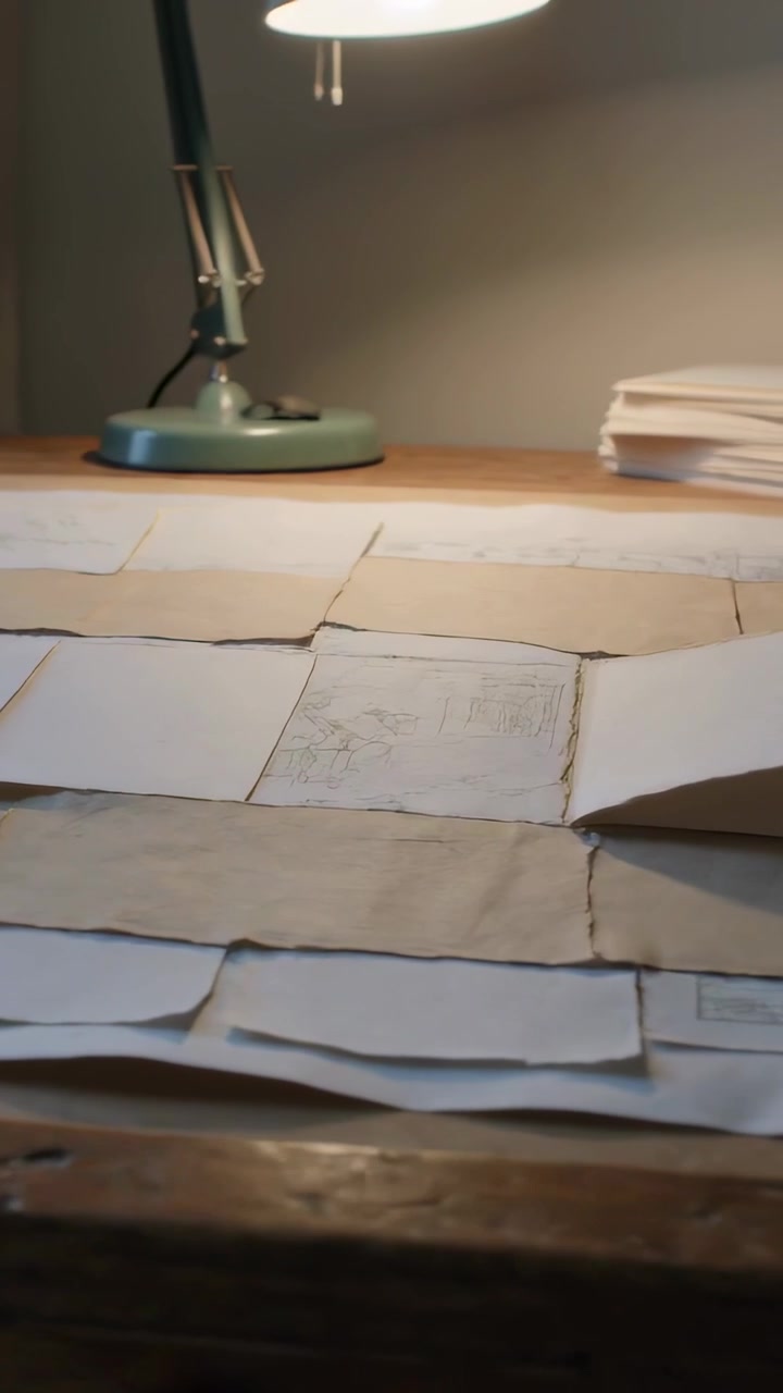 Vertical video: Window breeze lifting loose sheet from paper grid on desk showing sketch by lamp