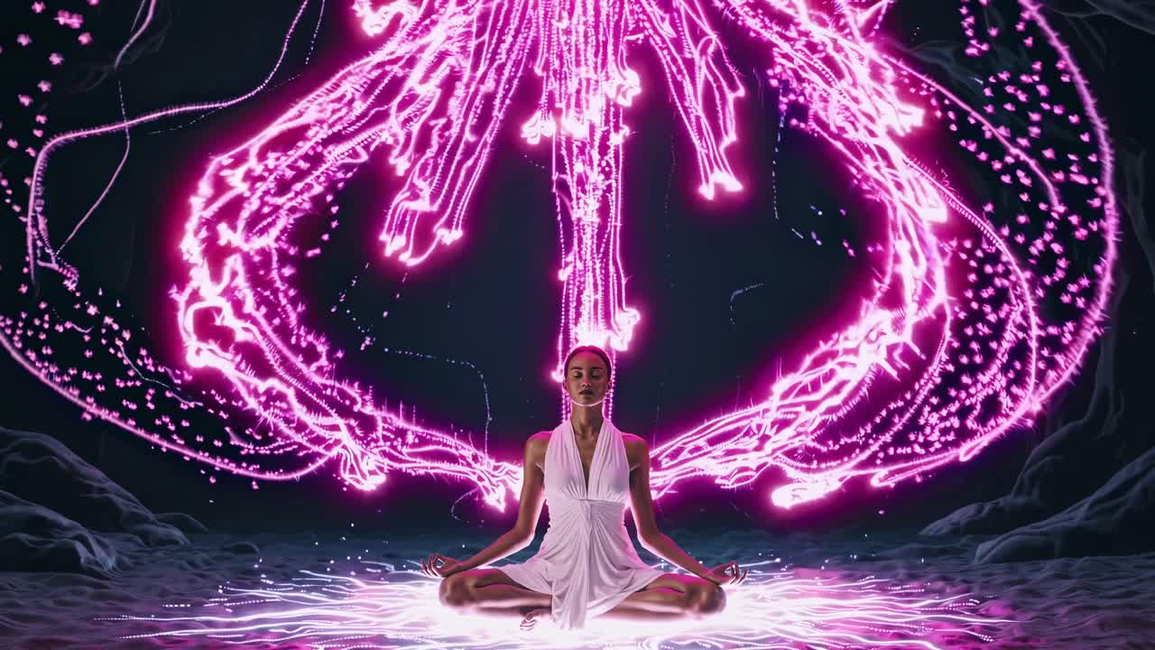 Luminous energy surrounding meditating woman, revealing tranquil spiritual essence within darkened meditative cave environment, radiating inner peace and mystical vibrations