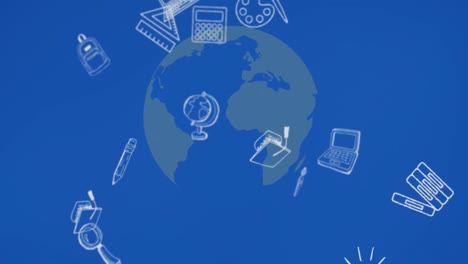 Animation-of-school-icons-floating-over-blue-globe-and-blue-background